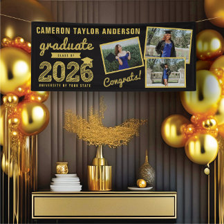 2024 Gold Sketch Three Photo Collage Grad Party Banner