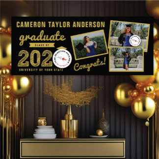 2024 Gold Sketch Three Photo Collage Grad Party Banner