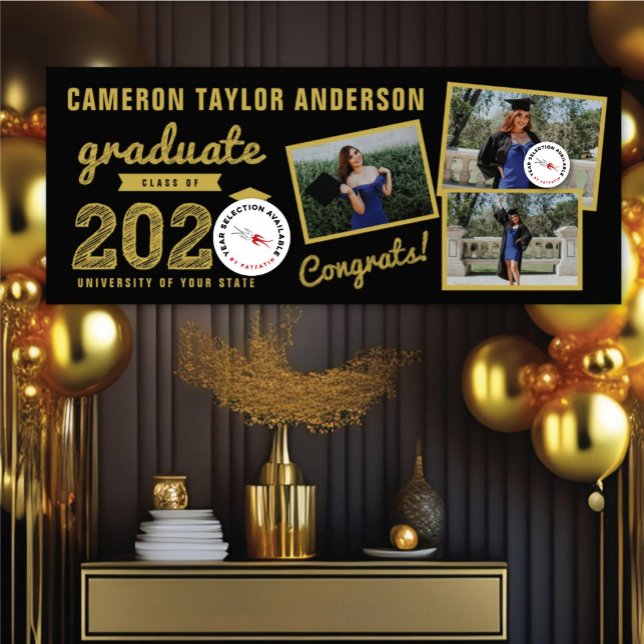 2024 Gold Sketch Three Photo Collage Grad Party Banner (20YY Black And Gold Sketch 3 Photo Modern Graduation Party Banner @ www.zazzle.com/color_therapy)