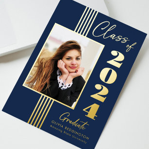 2024 Grad Announcement Photo Frame Navy Gold Foil