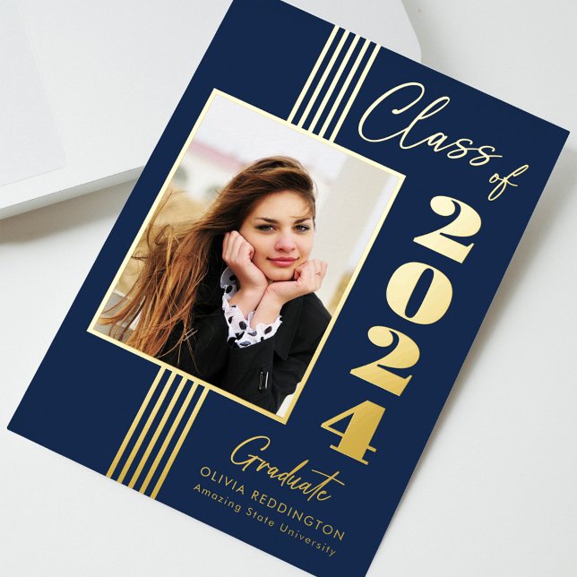 2024 Grad Announcement Photo Frame Navy Gold Foil (Creator Uploaded)