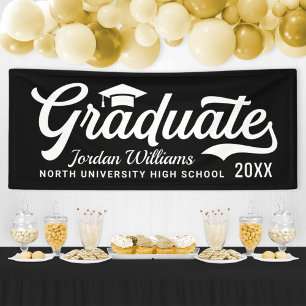 2024 Graduate Black White Script Custom Graduation Banner