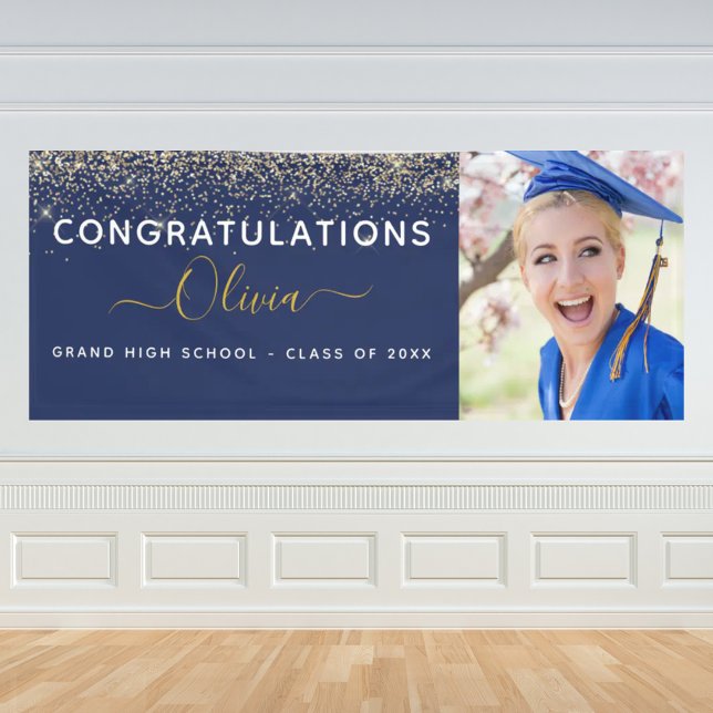2024 Graduation Glitter Navy Blue Gold Modern Banner (Creator Uploaded)