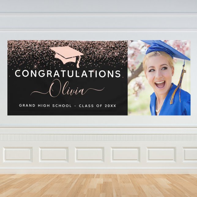 2024 Graduation Glitter Rose Gold Blush Pink Black Banner (Creator Uploaded)