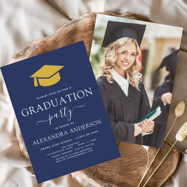 2024 Graduation Navy Blue Gold Photo Picture Invitation (Creator Uploaded)
