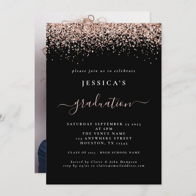 2024 Graduation Photo Rose Gold Glitter Black Invitation (Front/Back)