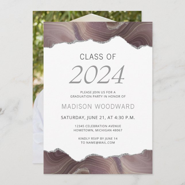 2024 Graduation Photo Taupe Silver Agate Invitation (Front/Back)