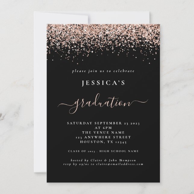 2024 Graduation Rose Gold Glitter Black Invitation (Front)