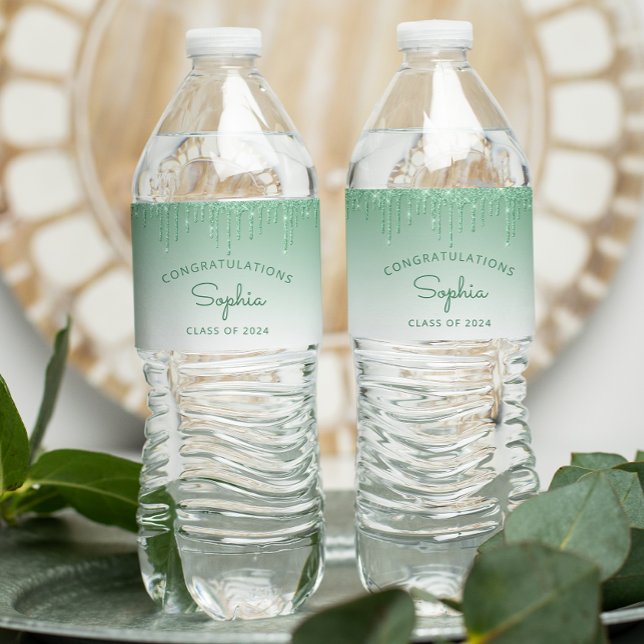2024 Green Glitter Drip Graduation Party Water Bottle Label (Creator Uploaded)