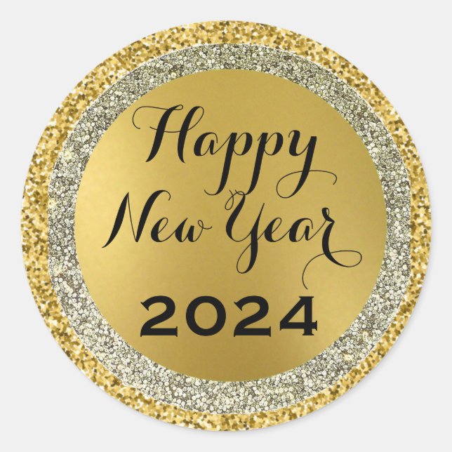 2024 happy new year,gold metallic sparkles classic round sticker (Front)