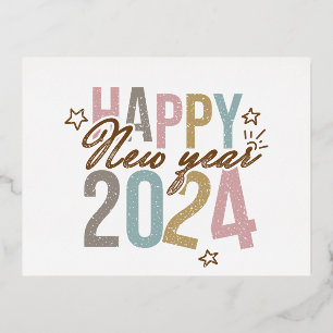 2024 Happy New Year in retro colours Foil Holiday Postcard