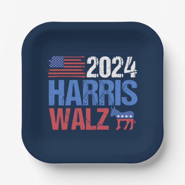 2024 Harris Walz Election Night Party Blue Paper Plate (Front)