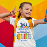 2024 Kindergarten Graduate Cute Crayon Custom Kids T-Shirt<br><div class="desc">This cute customisable 2024 kindergarten graduate t-shirt features a cool grad cap above colourful writing and a row of crayons in rainbow. A great kindergartner graduate keepsake tee in fun colours for the last day of elementary school with your kid's name personalised in blue. Congratulations to our kinder graduates!</div>