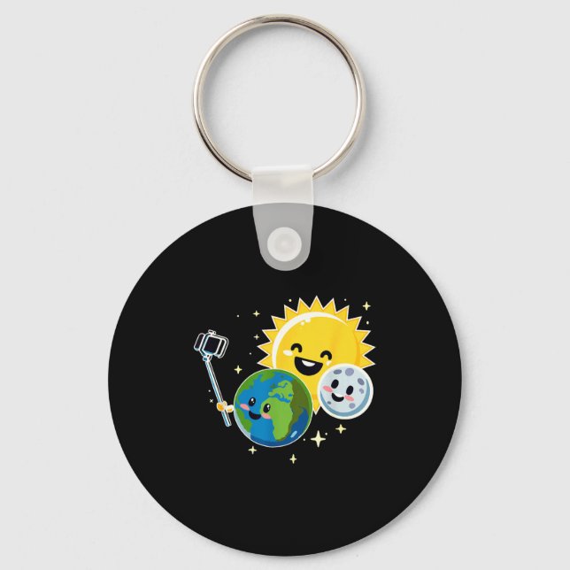2024 Lunar Solar Eclipse Earth Moon Sun Selfie Fun Key Ring (Front)