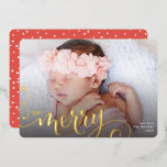 2024 MERRY PHOTO family fun calligraphy<br><div class="desc">by kat massard >>> WWW.SIMPLYSWEETPAPERIE.COM <<<
A simple card design featuring the lettering "MERRY" in shiny foil. Maximum area to display your beautiful family too with full frame horizontal photo</div>