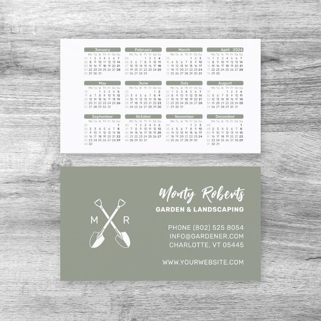 2024 Minimalistic Dusky Green Pocket Calendar |  Business Card (2024 Business card calendar. Modern simple minimalistic mini calendar in dusky green.)