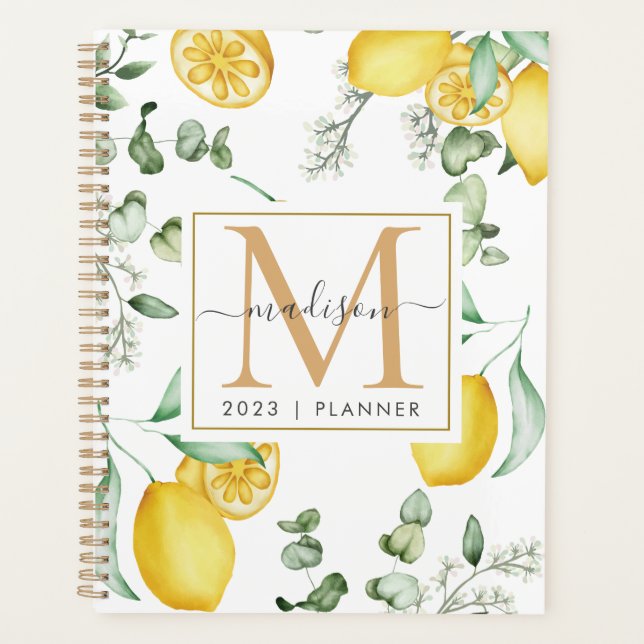 2024 Monogram Watercolor Lemons Leaf Pattern Planner (Front)