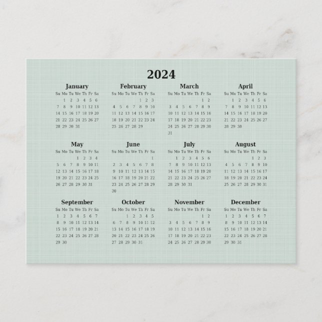2024 Monthly Calendar Green Linen Background Postcard (Front)