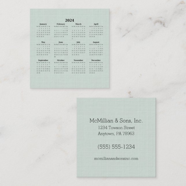 2024 Monthly Calendar Green Linen Custom Square Business Card (Front/Back)