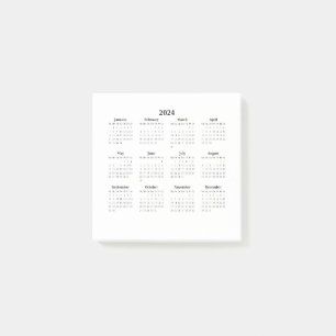 2024 Monthly Calendar on White Post-it Notes
