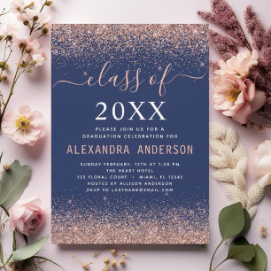 2024 Navy Blue Graduation Pink Rose Gold Glitter Invitation