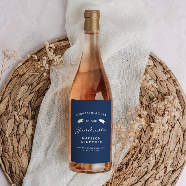 2024 Navy Blue White Script Cap Graduation Wine Label (Creator Uploaded)