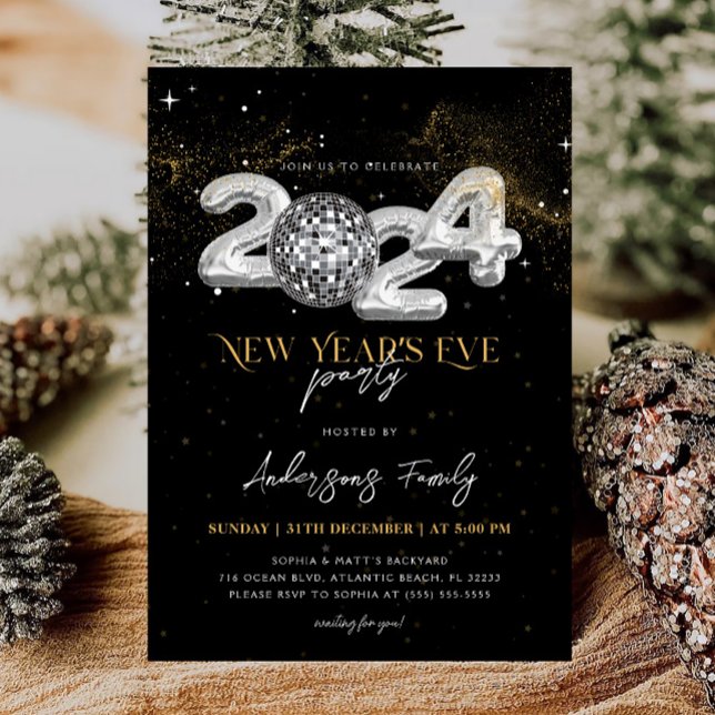 2024 New Year's Eve Party Gold Glitter Disco Ball Invitation (Creator Uploaded)