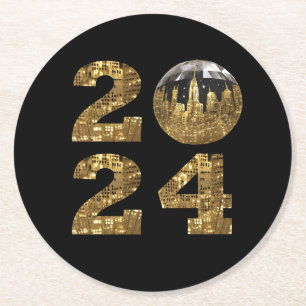 2024 New Years Party-Ball-NYC Gold- Round Paper Coaster