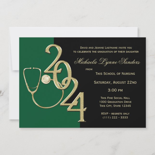 2024 Nursing Medical Field Graduation Green Gold Invitation (Front)