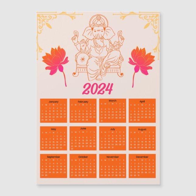 2024 Orange Calendar - Lord Ganpati Magnetic Card (Front)