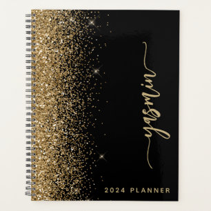 2024 Personalised Black Gold Glitter Planner
