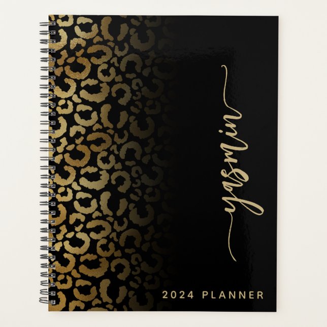 2024 Personalised Black Gold Leopard Spots Planner (Front)