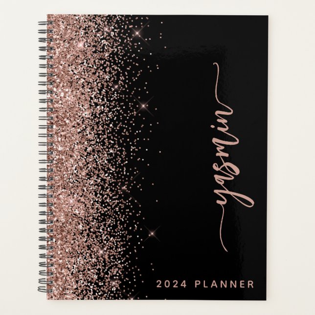 2024 Personalised Black Rose Gold Glitter Planner (Front)