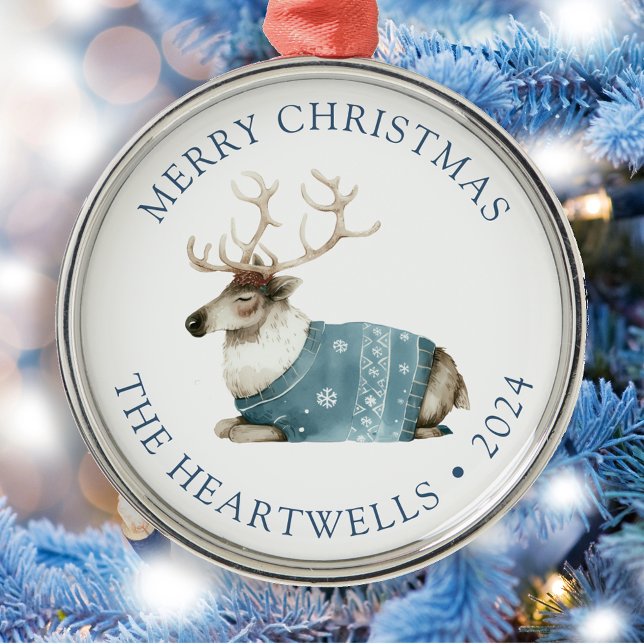 2024 Personalised Blue Reindeer Merry Christmas Metal Tree Decoration (Creator Uploaded)