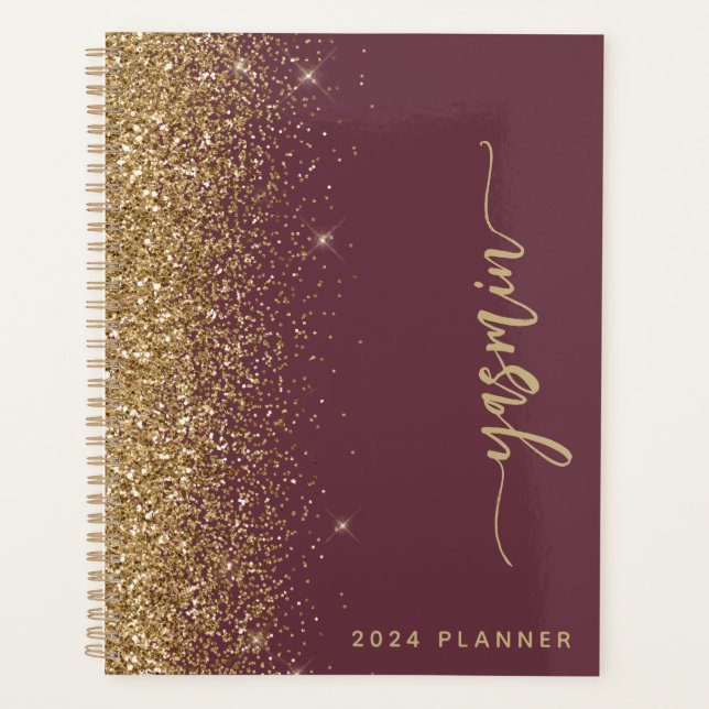 2024 Personalised Dark Burgundy Gold Glitter Planner (Front)