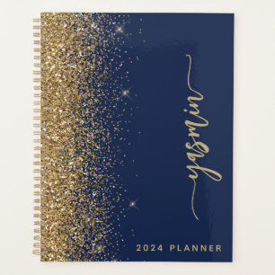 2024 Personalised Navy Blue Gold Glitter Planner