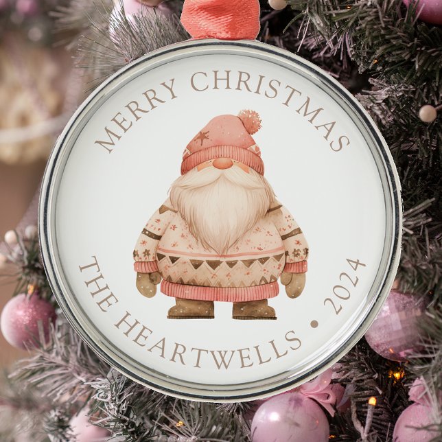 2024 Personalised Pink Santa Gnome Merry Christmas Metal Tree Decoration (Creator Uploaded)