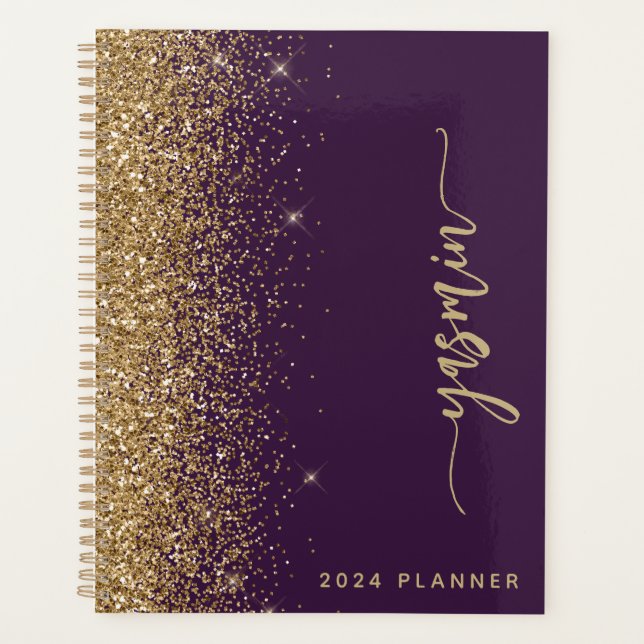 2024 Personalised Purple Gold Glitter Planner (Front)