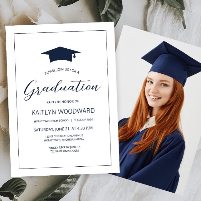 2024 Photo Navy Blue Cap Modern Graduation Party Invitation (Creator Uploaded)