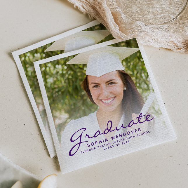 2024 Purple Script Photo Graduation Party Napkin (Creator Uploaded)