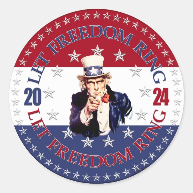 2024 Red and Blue Let Freedom Ring Uncle Sam Classic Round Sticker (Front)