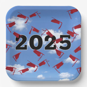 2024 Red Graduation Caps in Sky Paper Plate