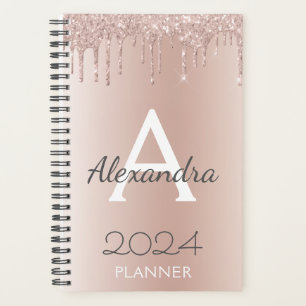 2024 Rose Gold - Blush Pink Girly Glitter Monogram Planner