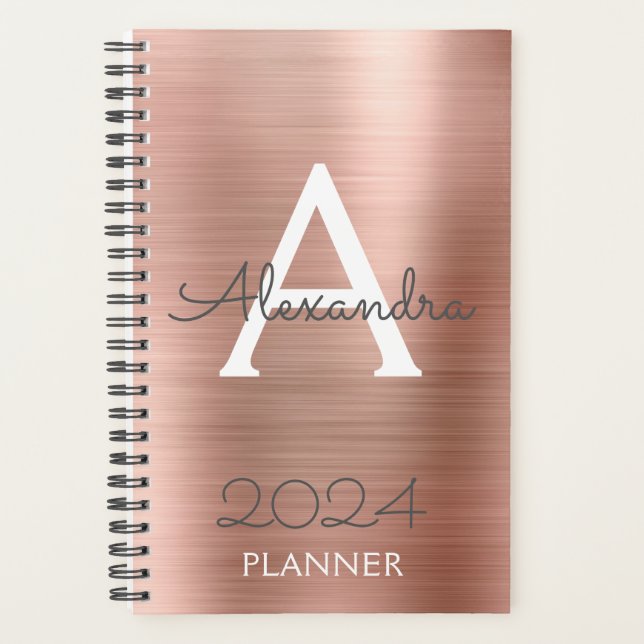 2024 Rose Gold Blush Pink Sparkle Monogram Planner (Front)