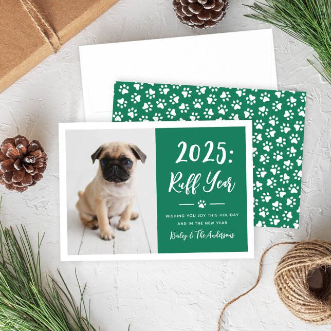 2024 Ruff Year Green Funny Dog Photo Holiday Card (Creator Uploaded)