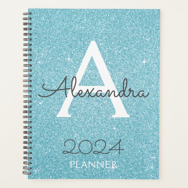 2024 Teal Aqua Blue Glitter Sparkle Monogram Planner (Front)