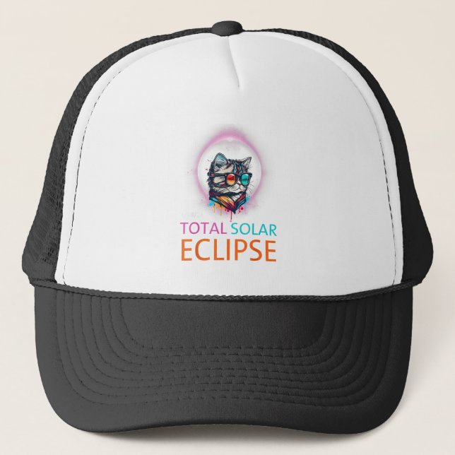 2024 Total Solar Eclipse Cat Wearing Solar Eclipse Trucker Hat (Front)