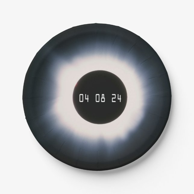 2024 Total Solar Eclipse in Black and White Paper Plate (Front)