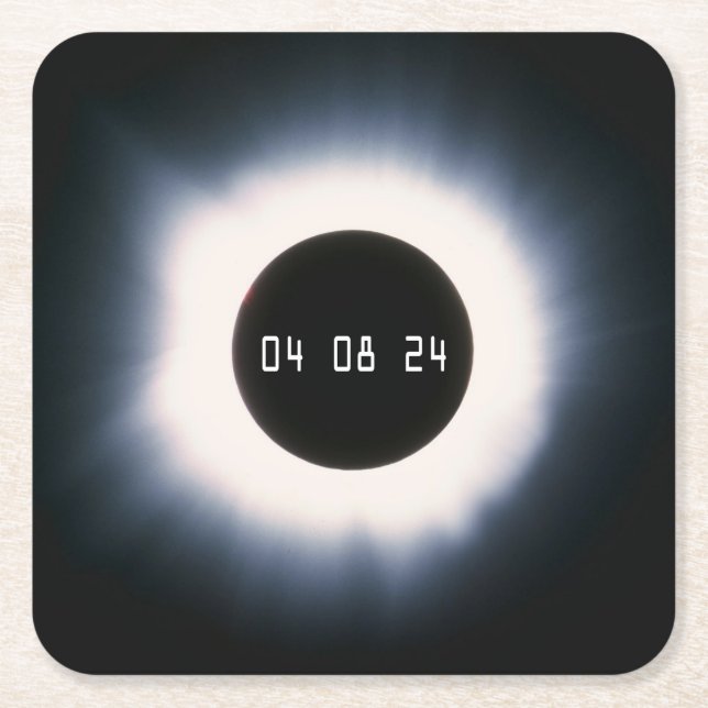 2024 Total Solar Eclipse in Black and White Square Paper Coaster (Front)
