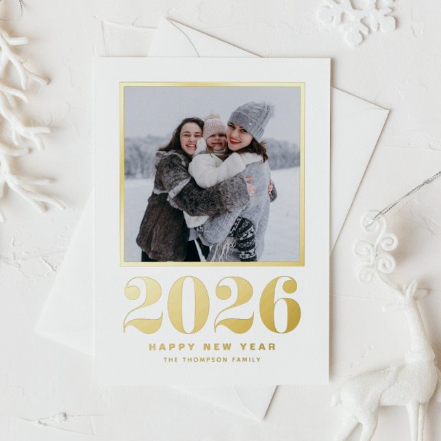 2024 Typography Happy New Year Photo Foil Holiday Postcard (Welcome 2026 with this gold foil New Year photo postcard featuring retro bold typography.)